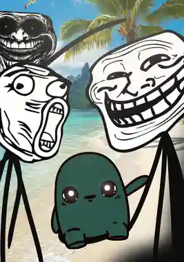 SHINO on a beach standing between two rage comic faces.