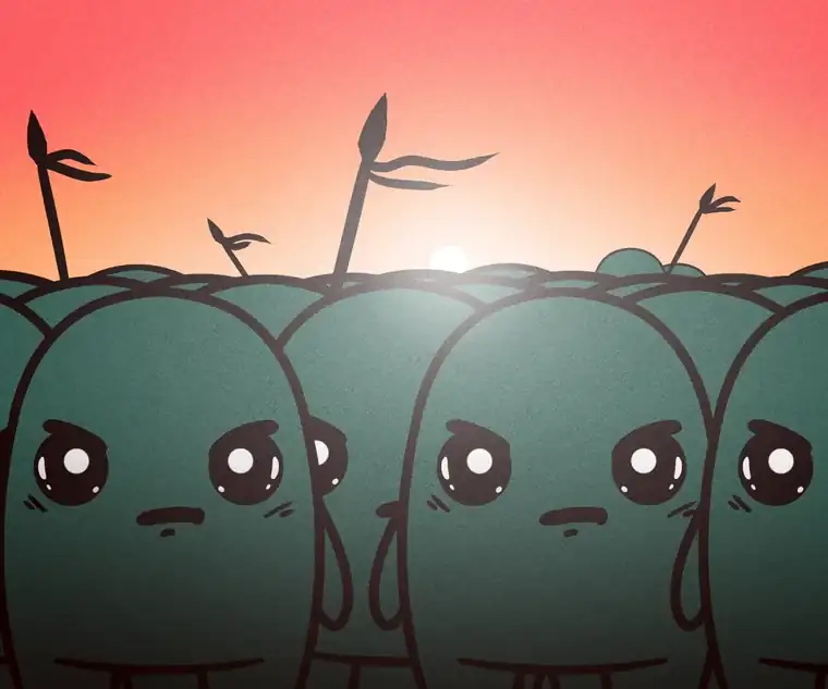 A crowd of identical SHINOs standing under a red sunset.
