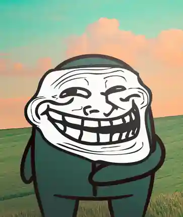 SHINO standing in a field wearing an oversized troll face.