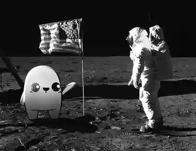 SHINO standing on the moon next to an astronaut and a flag.