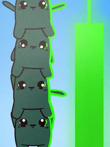 Four SHINOs stacked on top of each other against a blue sky next to a giant green candle.