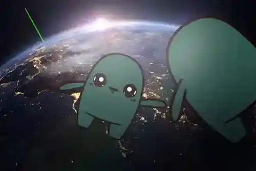 SHINO floating in orbit above the night side of Earth.